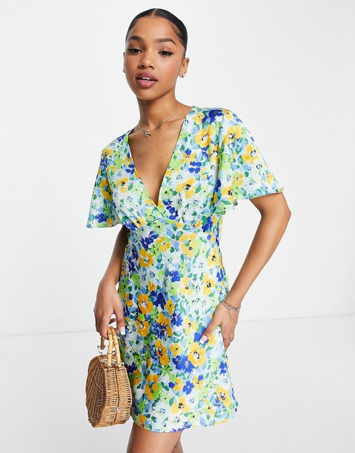 Stradivarius V-neck Mini Dress In Floral Print-multi