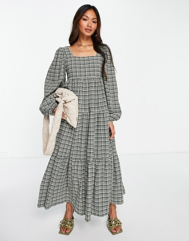 Ghospell Square Neck Tiered Maxi Dress In Check-multi