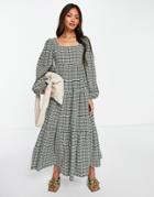 Ghospell Square Neck Tiered Maxi Dress In Check-multi