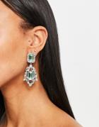 Asos Design Earrings With Double Drop Green Crystal In Silver Tone