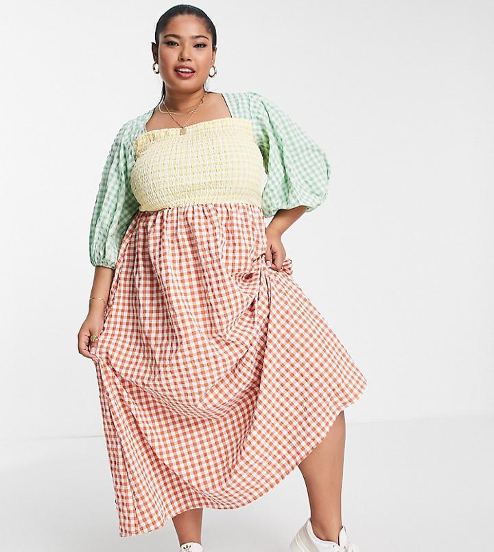 Asos Design Curve Shirred Midi Dress In Mixed Gingham-multi