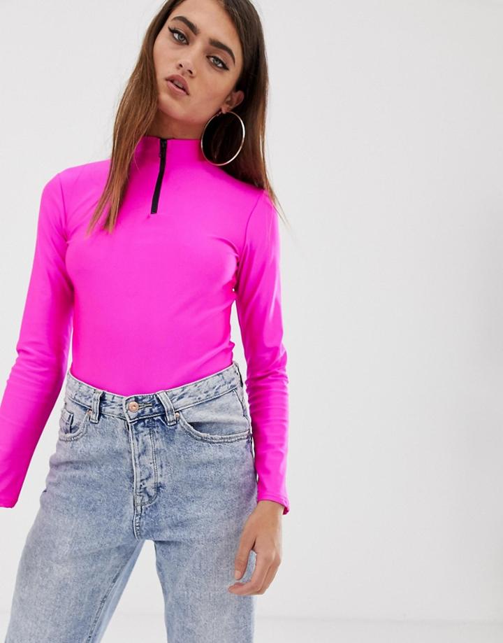Asos Design Top With Zip In Neon Fuchsia Pink - Purple
