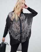 Religion Long Sleeve High Low Loose Fitted Shirt With Skull Back-black