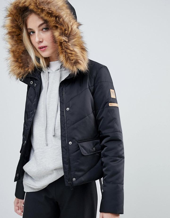 Noisy May Faux Fur Padded Parka - Black