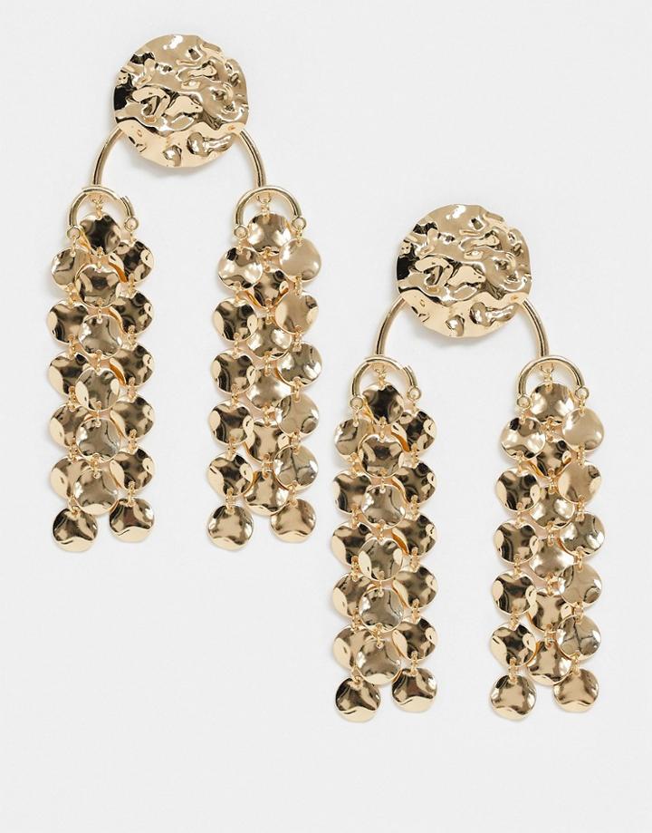 Asos Design Earrings With Texture Stud And Disc Embellished Drops In Gold Tone