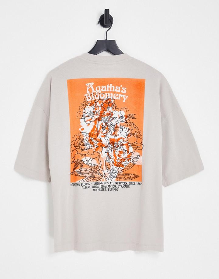 Asos Design Oversized T-shirt In Beige With Floral Back Print-neutral