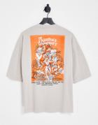 Asos Design Oversized T-shirt In Beige With Floral Back Print-neutral