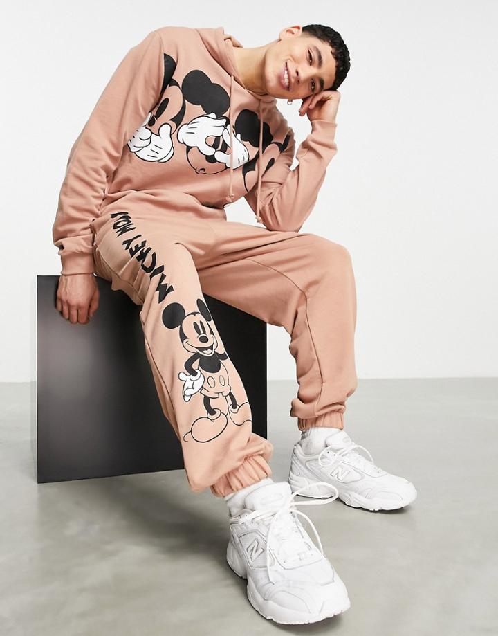 Asos Design Sweatpants With Disney Mickey Mouse Print In Brown - Part Of A Set