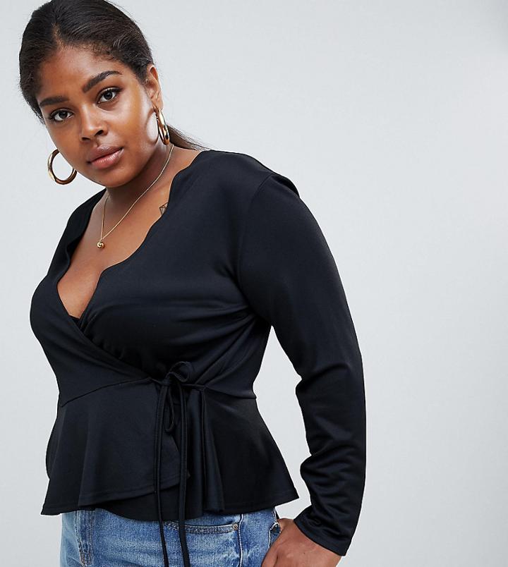 Boohoo Plus Wrap Peplum Hem Top In Black - Black