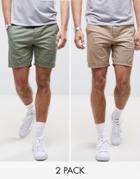 Asos 2 Pack Slim Chino Shorts In Stone & Light Green Save - Multi