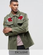 Reclaimed Vintage Military Jacket With Souvenir Rose Patches - Khaki