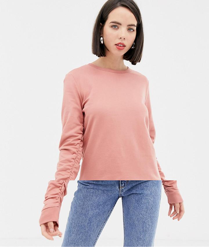 Pieces Ruched Sleeve Sweatshirt-pink