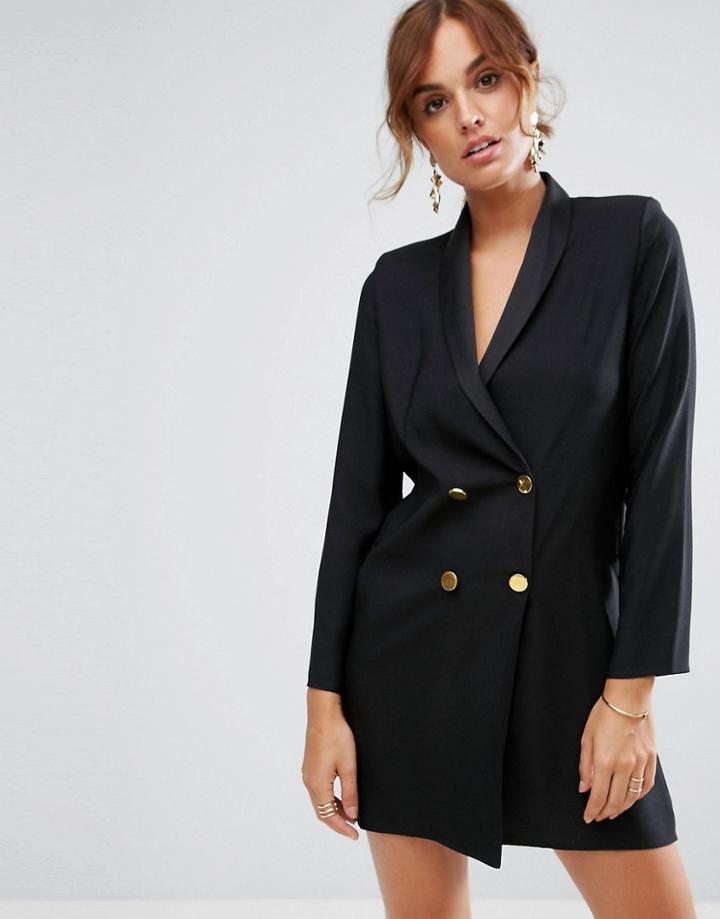 Asos Tux Dress With Shoulder Pads And Gold Buttons - Black
