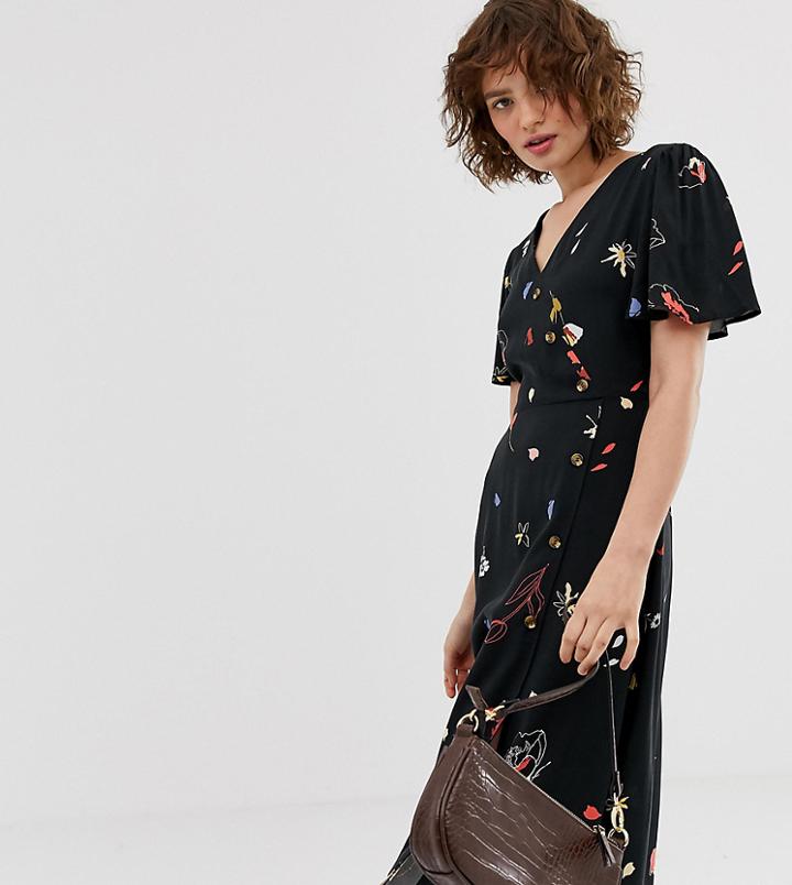 Warehouse Midi Dress In Floral Print - Black