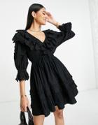 Topshop Ruffle Broderie Mini Dress In Black