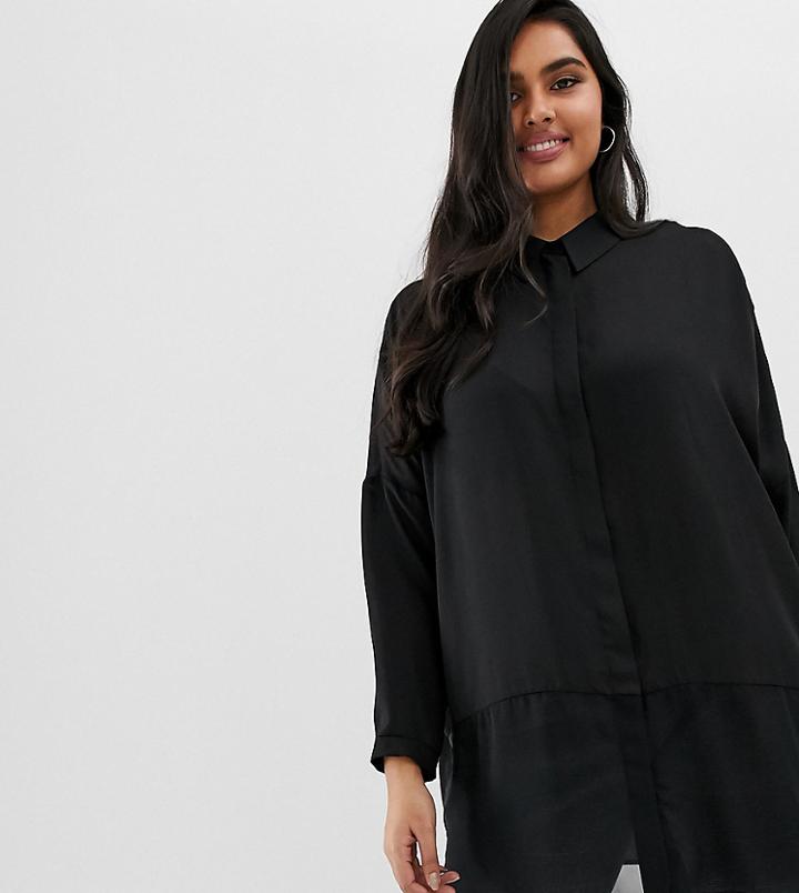 Asos Design Curve Soft Long Sleeve Shirt In Sheer And Solid-black
