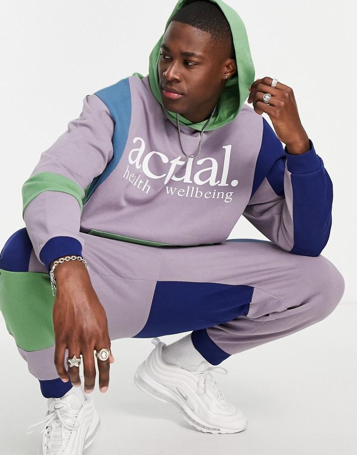 Asos Actual Oversized Hoodie With Color Blocking And Logo Print In Purple - Part Of A Set