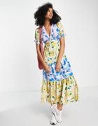 River Island Mixed Floral Smock Midi Dress In Yellow