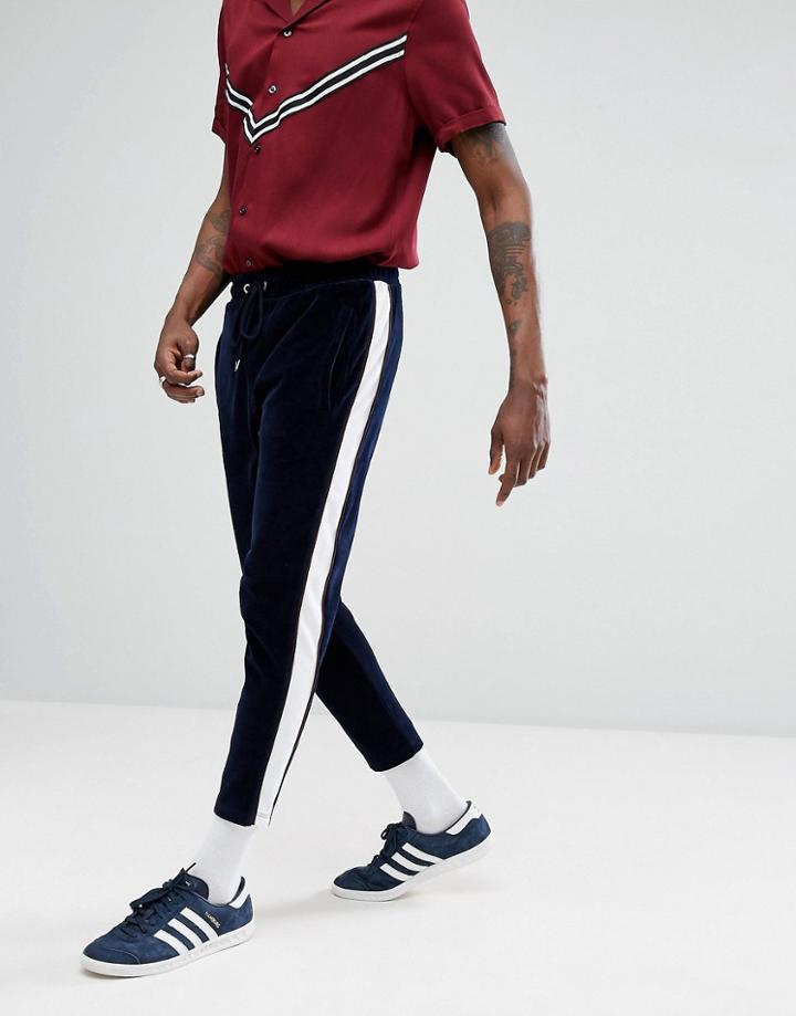 Asos Skinny Velour Jogger With Contrast Poly Tricot Side Panel & Piping - Navy