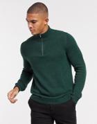 Asos Design Midweight Cotton Half Zip Sweater In Forest Green