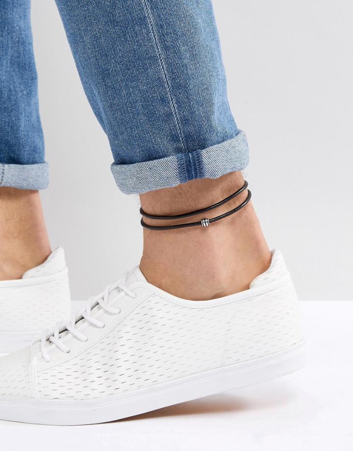 Asos Design Leather Anklet In Black - Black