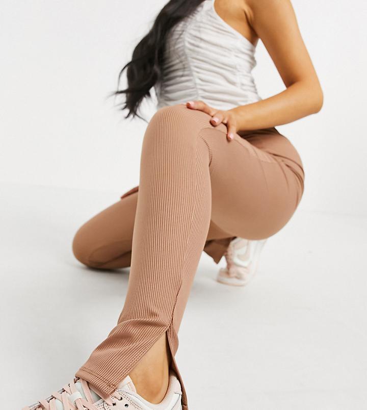 Flounce London Petite Narrow Ribbed Leggings With Side Slit In Taupe-neutral