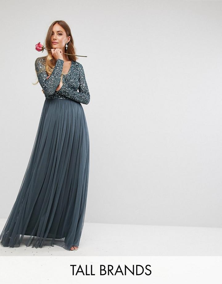 Maya Tall Plunge Front Long Sleeve Maxi Dress In Tonal Delicate Sequin And Tulle Skirt - Blue