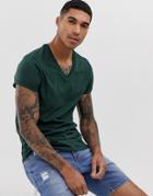 Asos Design T-shirt With V Neck And Roll Sleeve In Green