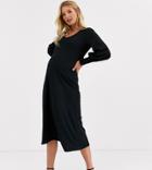 Asos Design Maternity Swing Rib Bow Back Midi Dress-black