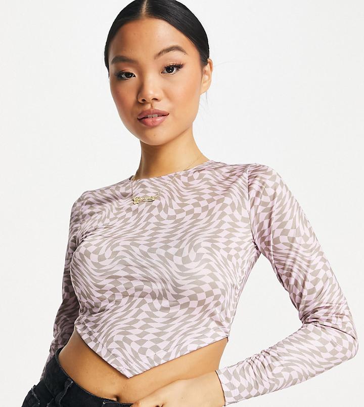 Asos Design Petite Scarf Hem Top In Warped Pink Check