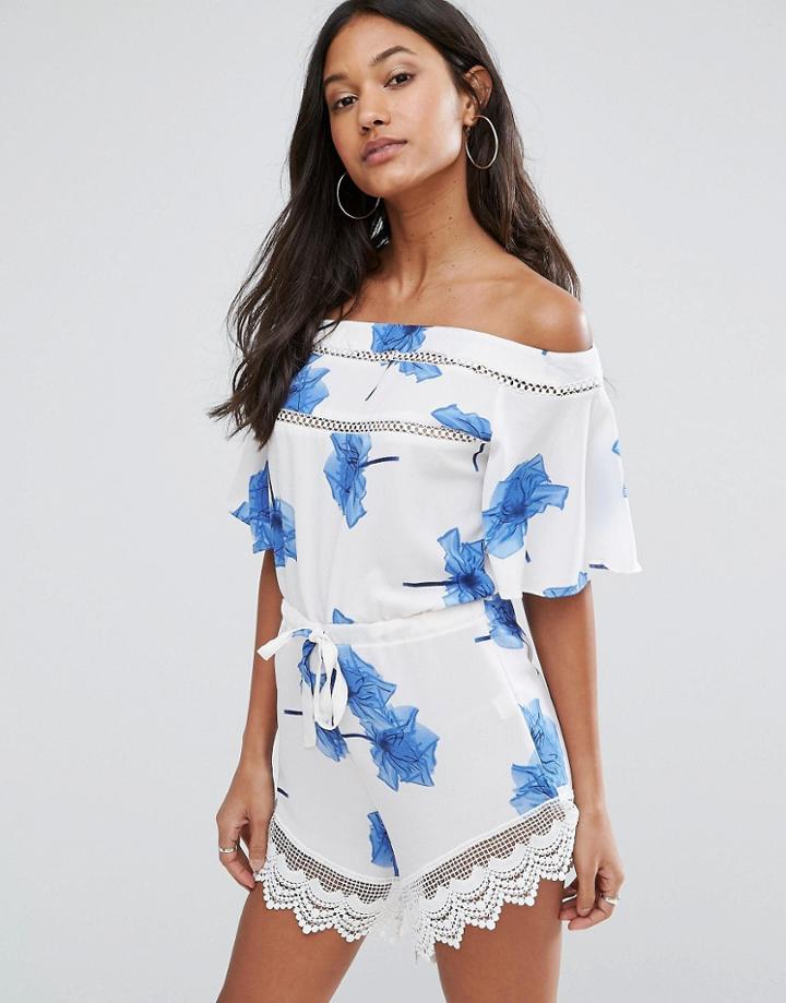 Love & Other Things Floral Romper With Lace Hem - Blue
