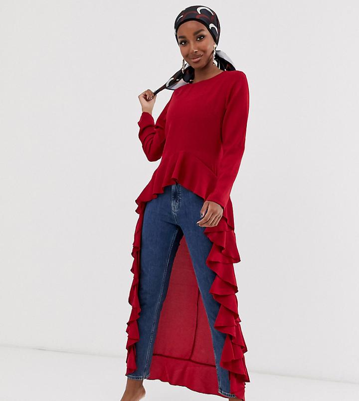 Verona Long Sleeve Top With Frill Hem - Red