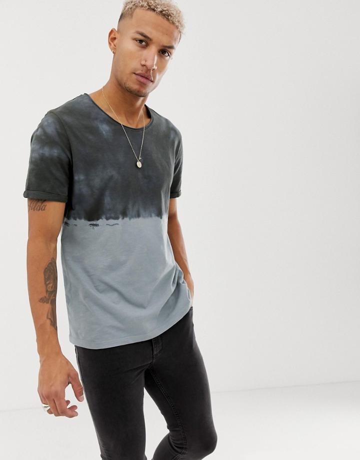 Asos Design Relaxed T-shirt With Roll Sleeve And Raw Scoop Neck With Dip Dye Wash - Gray