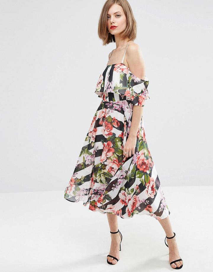 Asos Cold Shoulder Midi Dress In Stripe Floral - Multi