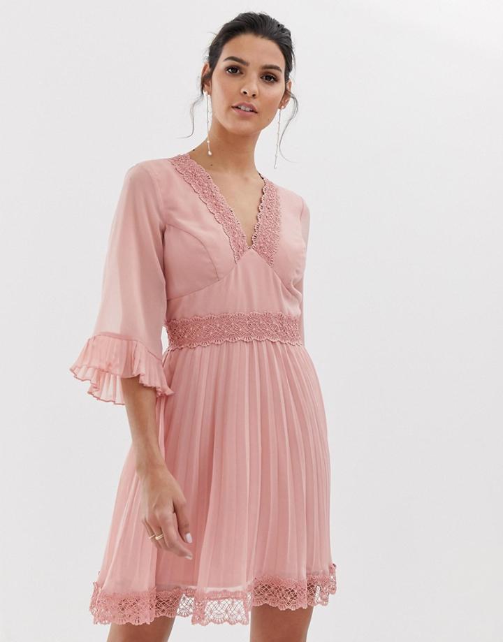 Asos Design Pleated Mini Dress With Lace Inserts-pink