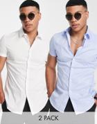 Asos Design 2 Pack Stretch Slim Fit Work Shirt In White / Blue Save-multi