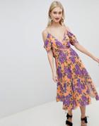 Asos Design Cold Shoulder Cowl Back Pleated Midi Dress In Bloom Print - Multi