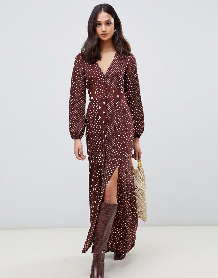 Miss Selfridge Maxi Dress With Blouson Sleeve In Mixed Polka Dot - Brown
