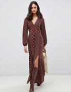 Miss Selfridge Maxi Dress With Blouson Sleeve In Mixed Polka Dot - Brown