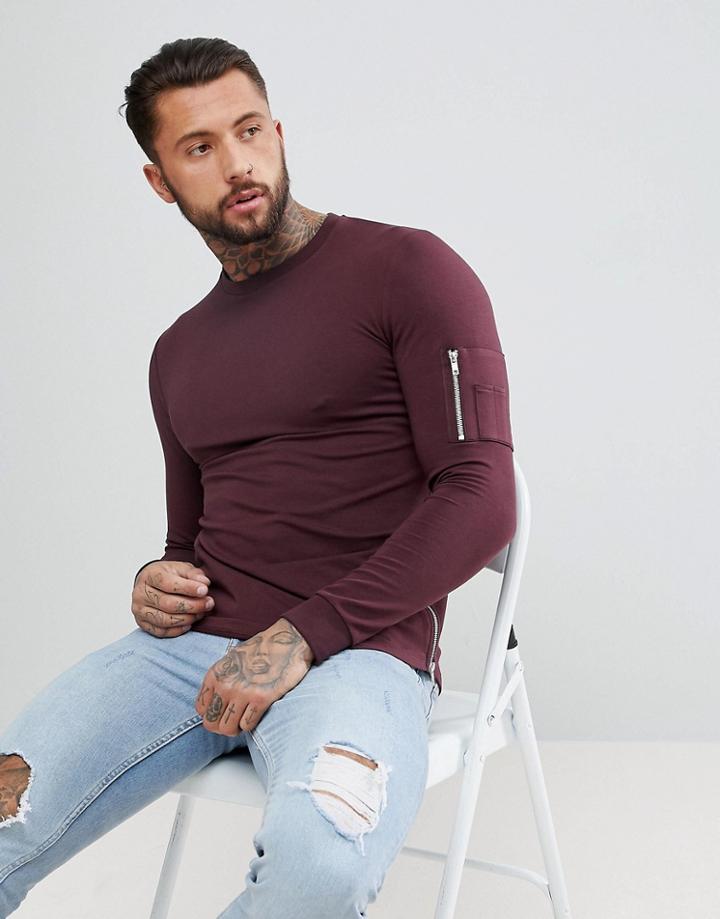 Asos Muscle Longline Sweatshirt With Side Zips & Ma1 Pockets - Red