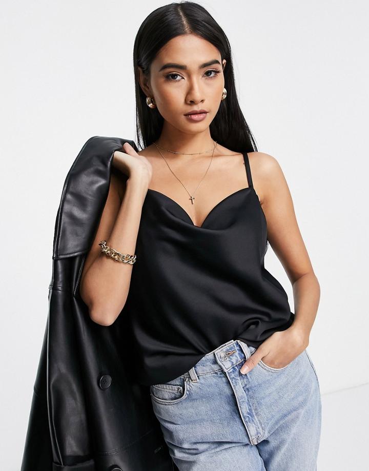 River Island Satin Cowl Neck Cami Top In Black