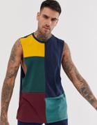 Asos Design Organic Relaxed Sleeveless T-shirt With Dropped Armhole And Grid Color Block In Navy