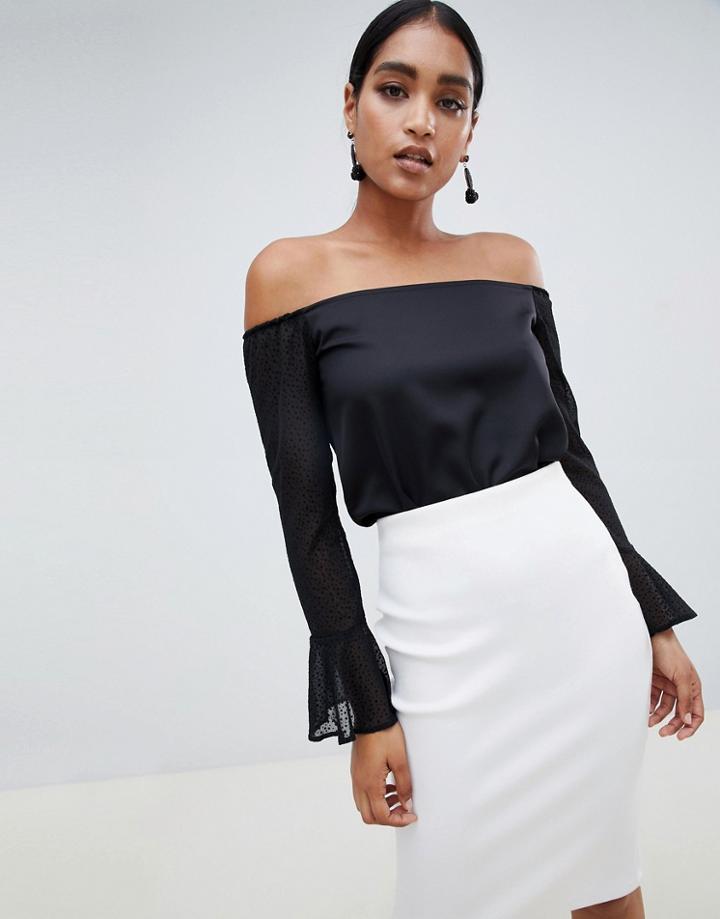 Vesper Bardot Mesh Sleeve Top - Black