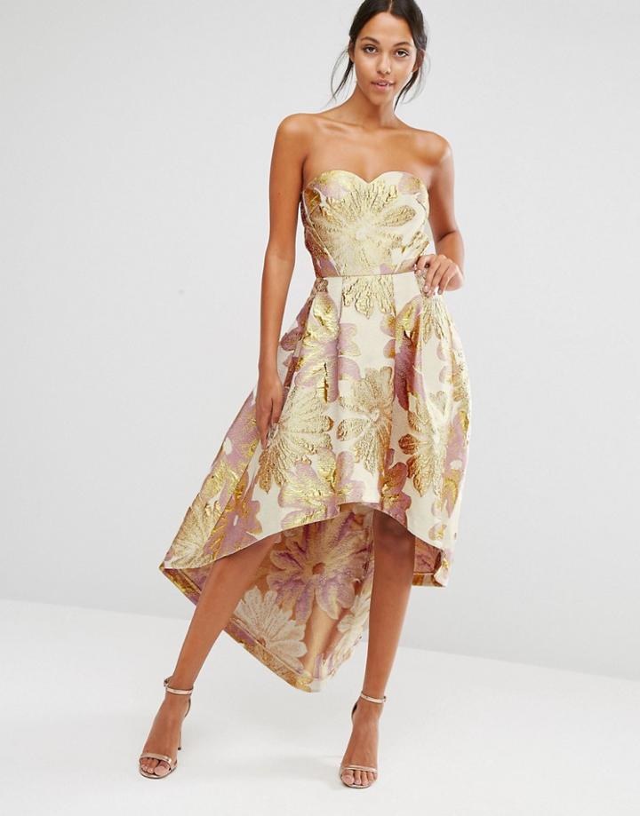 Chi Chi London Bardot Metallic Jacquard Midi Dress With High Low Hem - Gold