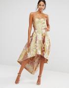 Chi Chi London Bardot Metallic Jacquard Midi Dress With High Low Hem - Gold