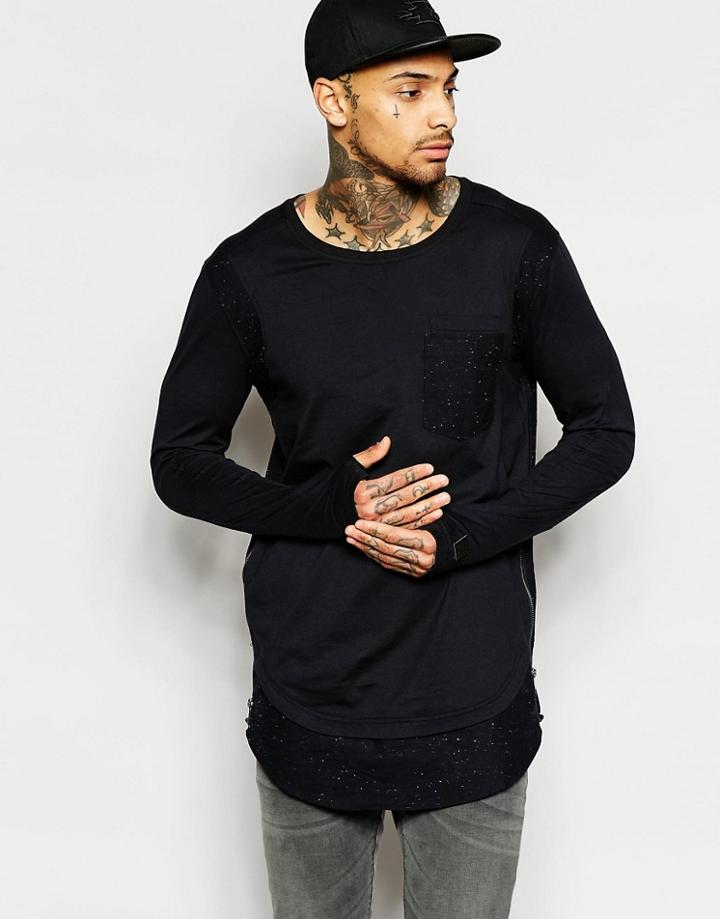 Black Kaviar Longline Long Sleeve T-shirt With Fleck - Black