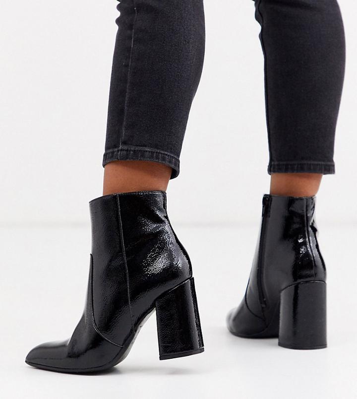 New Look Wide Fit Crinkle Patent Pu Pointed Heeled Boots In Black
