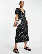 Asos Design Tiered Midi Wrap Dress With Puff Sleeve In Mono Ditsy Print-multi
