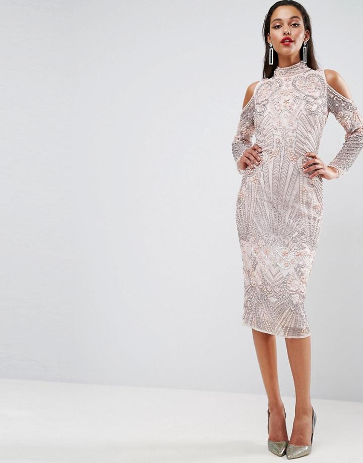Asos Red Carpet Cold Shoulder Pearl Midi Dress - Pink
