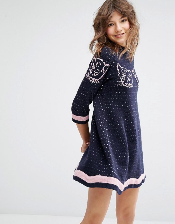 Paul And Joe Sister Sweater Dress With Cat Intarsia - Navy